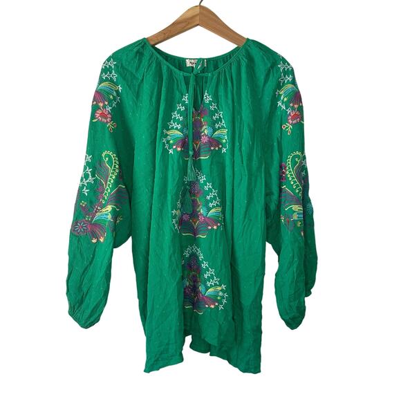 One World Green Multicolor Embroidered Bohemian Flowy Peasant Blouse Size 1X - Picture 2 of 7